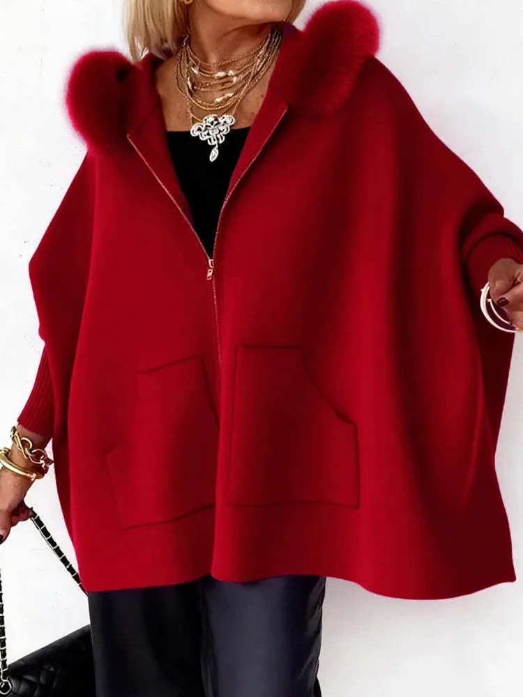 Autumn Winter Long Batwing Sleeve Chic Sweater Coats, Women Pocket Patchwork Simple Cardigan, Loose Casual Hooded Top Streetwear