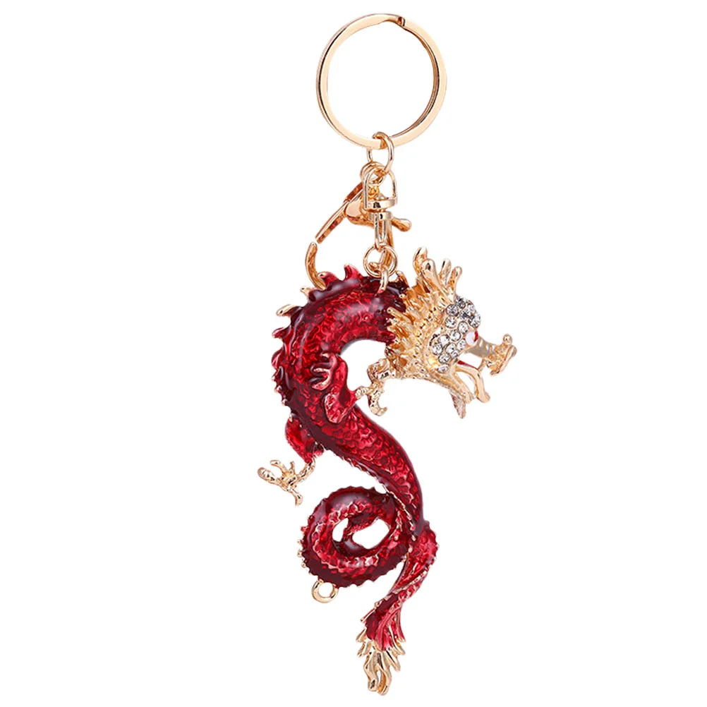 Chinese Zodiac Dragon Keychain Fob Small Decor Gifts Handicrafts Daily Necessities Red Rhinestones