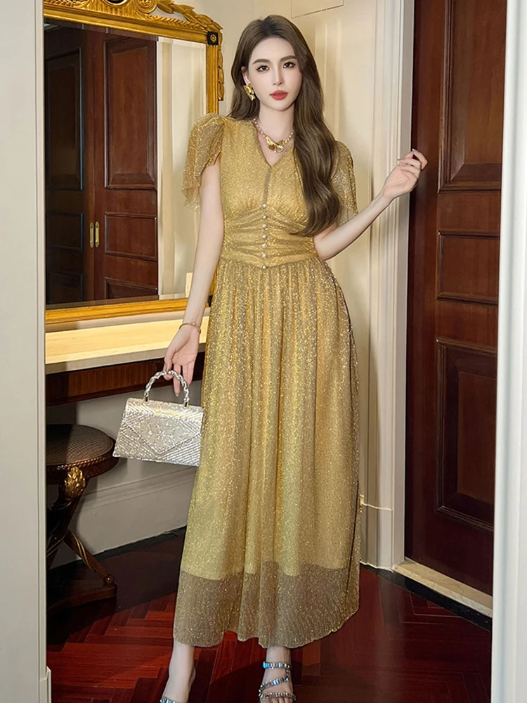 Summer Vintage Glitter Gold Bright Silk Evening Dress Women Clothes Elegant Luxury V-Neck Slim Maxi Party Birthday Vestidos Robe