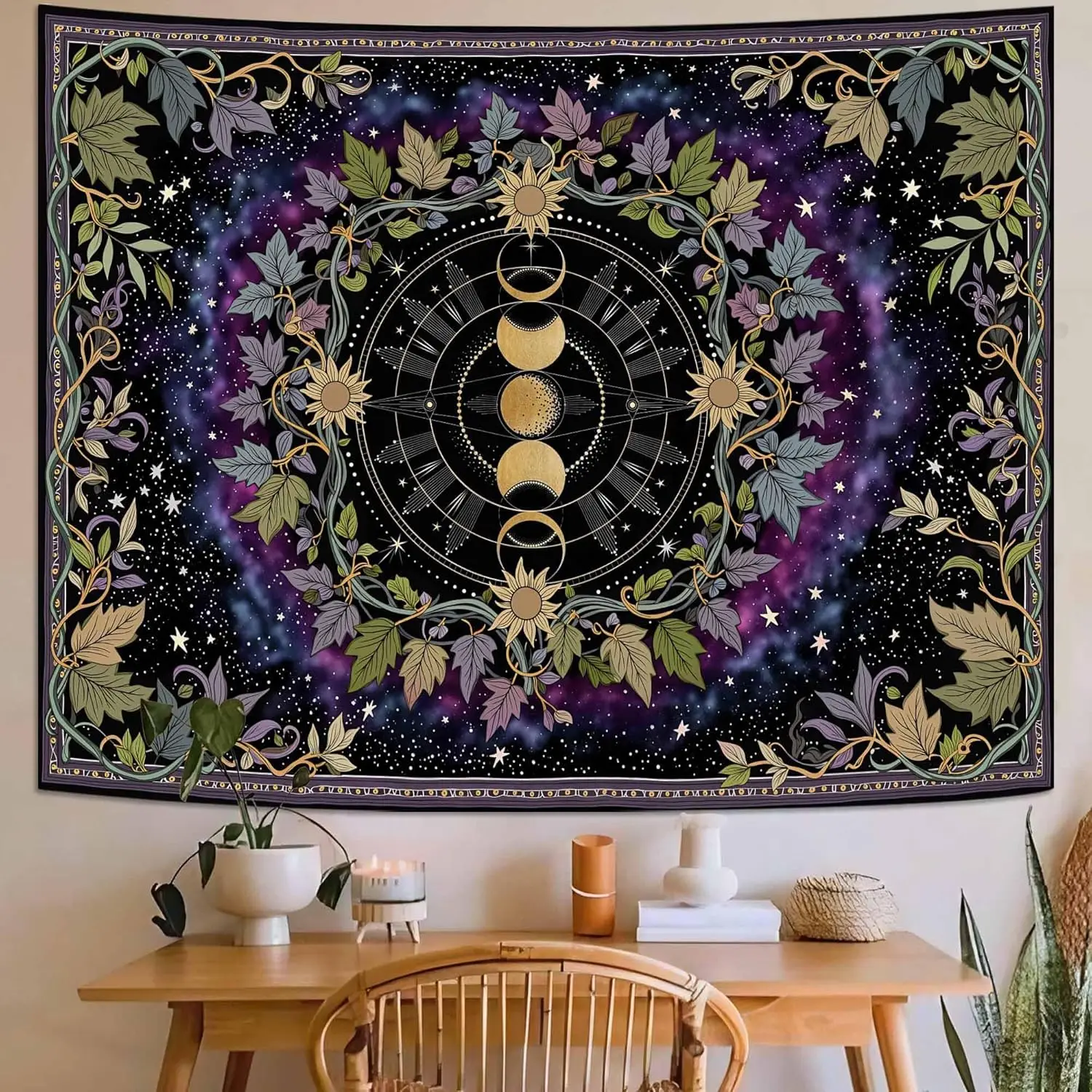 Böhmische Mondphasen-Mandala-Wandteppiche, Galaxie, Ranken, Sonnenblume, mystische, himmlische, heidnische, botanische Kunst, Wandtuch für Schlafzimmerdekoration