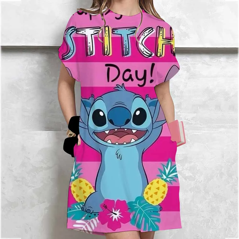 Women's plus size summer Disney Lilo&Stitch printed short sleeved round neck casual T-shirt dress casual sexy dress loose dress