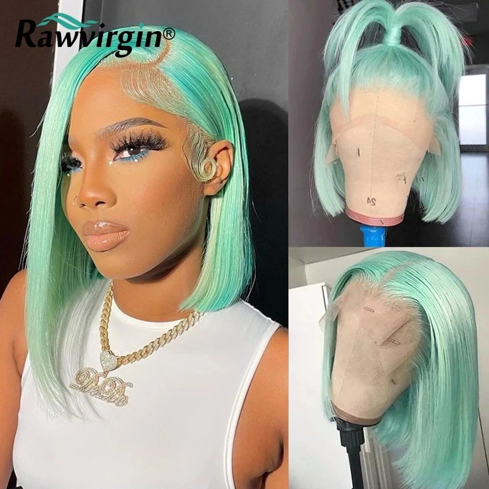 

Short Bob 13x4 Lace Front Wigs For Women Mint Green Colored Human Hair Straight Transparent Lace Frontal Wig Brazilian Remy Hair