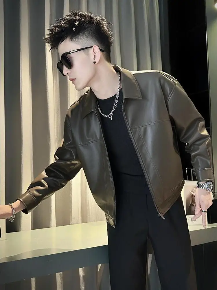 

Мужская кожаная куртка-косуха для мотоциклистов, весна-осень-зима, модная брендовая теплая куртка с флисовой подкладкой и воротником-стойкой для езды на мотоцикле