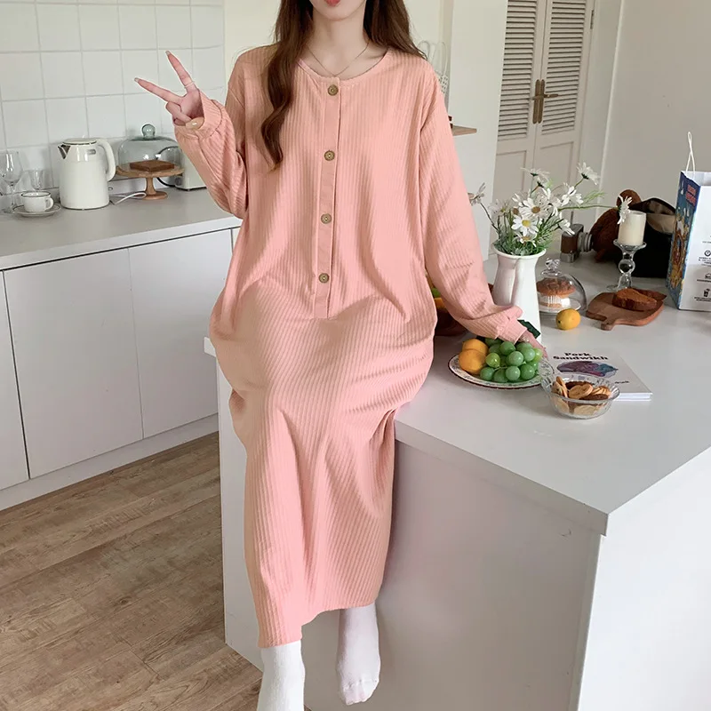 Korean Nightgowns Women Cotton Autumn Winter Women\'s Sleepwear Sleep Dress Casual Outdoor Long Dress Loose Nightshirt Female