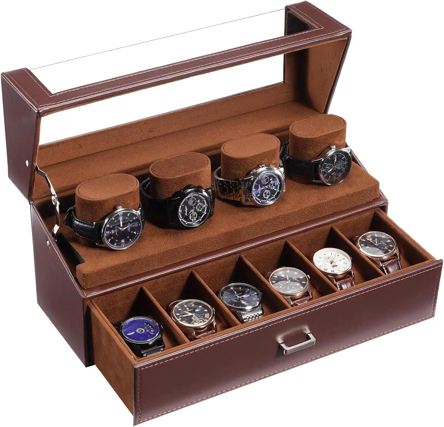 

Men's 10-Slot Watch Display Stand with Acrylic Lid, 2-Layer Drawer Watch Box - Espresso