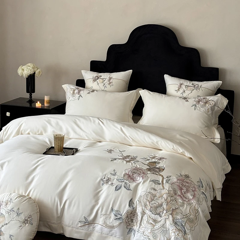 4/5Pcs  Chinese Style Flowers Bird Embroidery Bedding Set 1000TC Egyptian Cotton Queen King Duvet Cover Bed Sheet Pillowcases