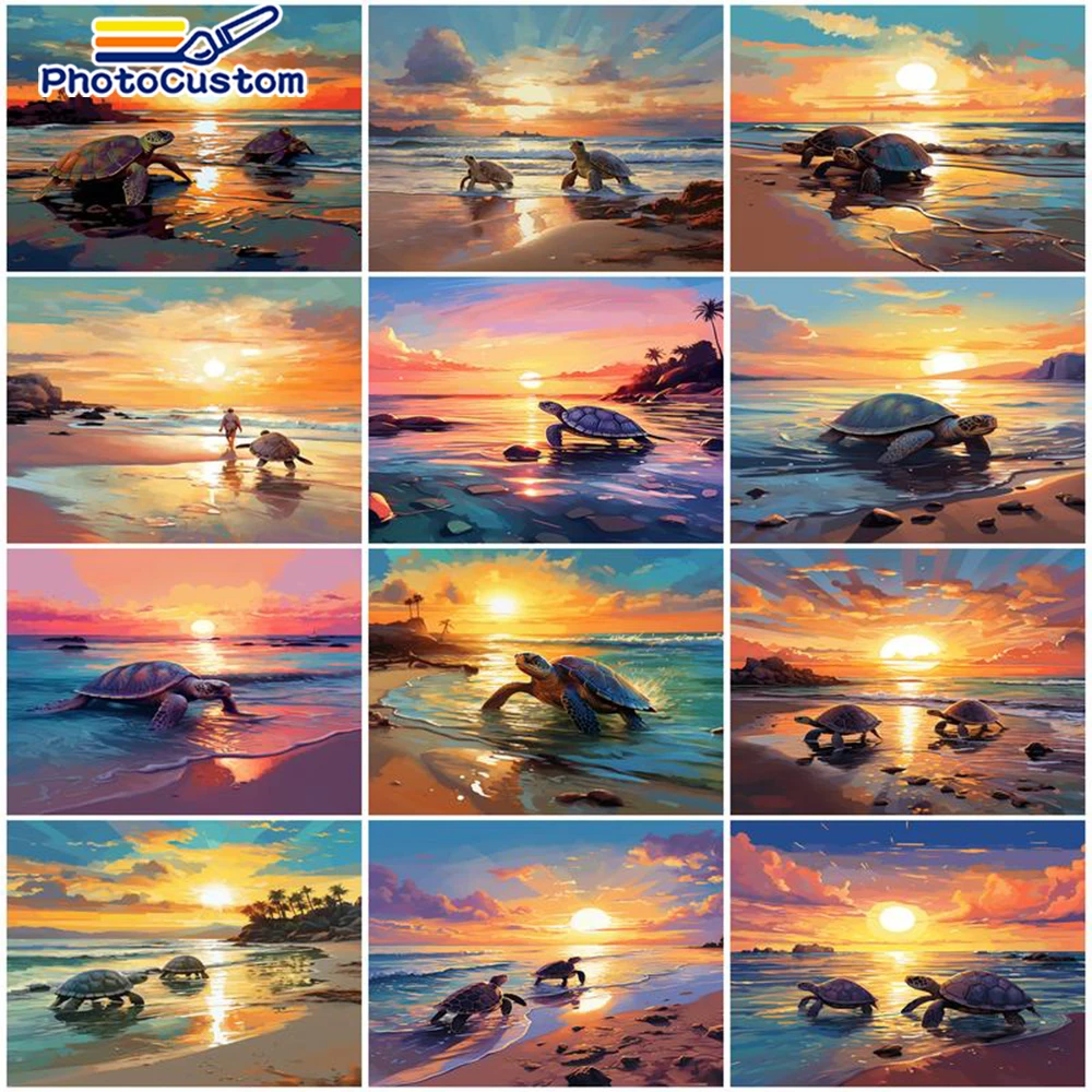 

PhotoCustom DIY Oil Digital Painting By Numbers Kits Sunset Beach Landscape Handpainted Acrylic Paint By Numbers For Home Decor