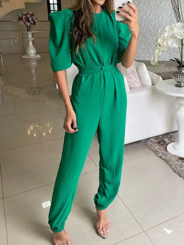 Voorjaar 2023 Half Mouw Vrouwen Jumpsuits Mode Kantoor Hoge Taille Potlood Broek Jumpsuit Effen Kleur Zomer O-hals Lange Speelpakjes