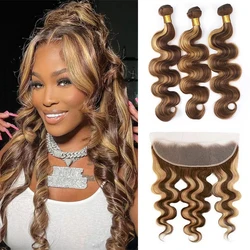 Highlight Body Wave 100% Human Hair Bundle with 13x4 Lace Frontal Ombre Blonde 3 Bundles With Frontal 4/27 Human Hair Extensions