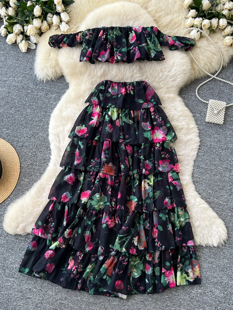 

Romantic Floral One-Shoulder Cake Skirt Set Women's Summer Pure Desire Large Swaying Skirt Two-Piece Set Fashionable Ensemble