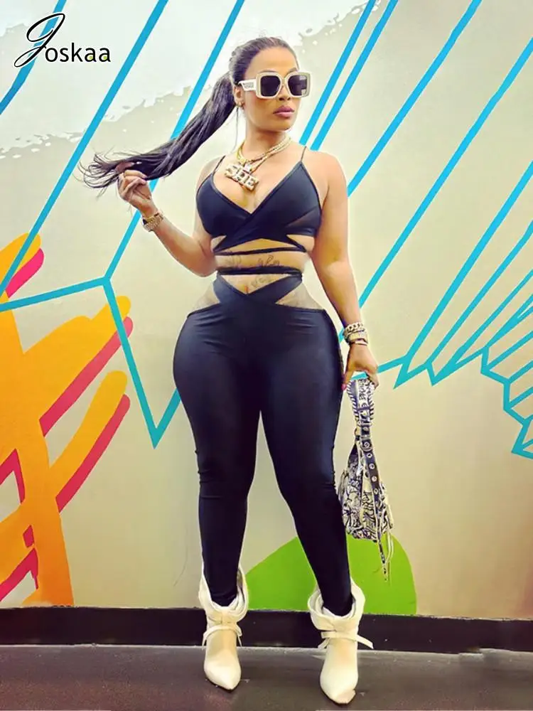 

Joskaa Sexy Black 2 Piece Sets Women Hollow Bandage Crop Camisole and High Waist Pants Matching 2025 Summer Tracksuits Clubwear