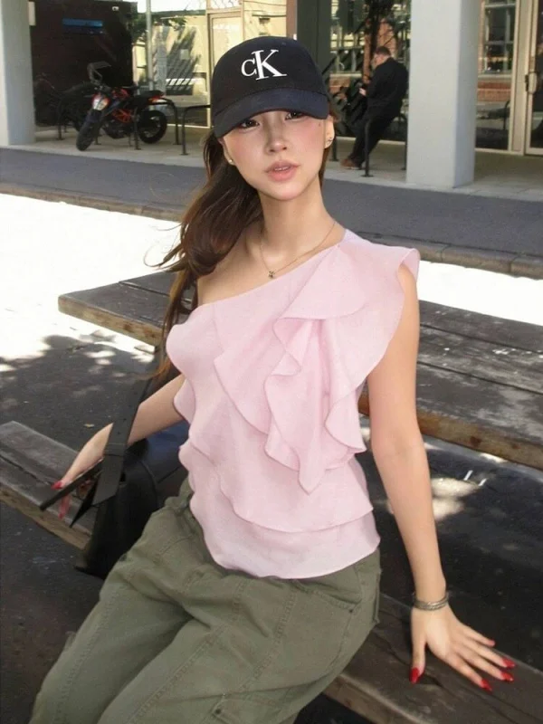 Korean Style Pure Desire Pink Ruffle Shoulder Strap Vest Women Summer Outdoor Wear Shoulder Bared Slim Fit Short Sleeveless Top