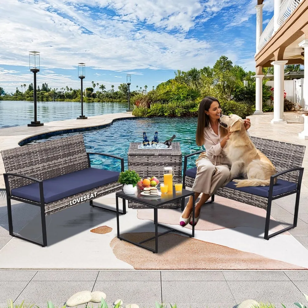 

4 Piece Outdoor Patio Furniture Set,Wicker Conversation Sets Patio Outdoor Loveseats with Built-in Beverage Cooler Storage Box &