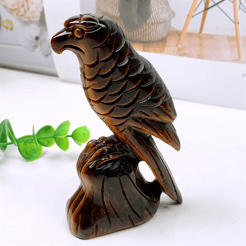 

Natural Tiger Eye Stone Parrot Carving Craft Healing Feng Shui For Home Decoration Stone Statues Gift 1pcs