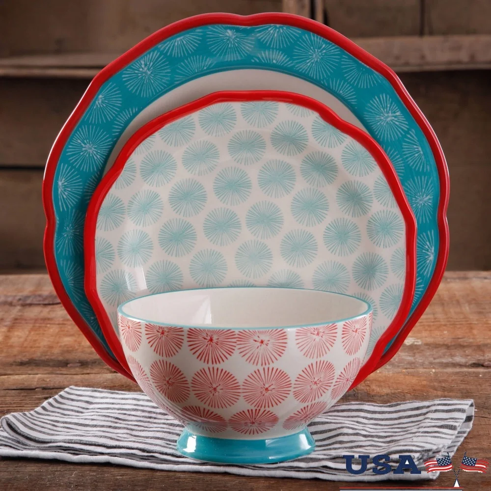 

12-Piece Scalloped Dinnerware Set Microwave Safe Red Stoneware Plates Bowls Ideal Family Gatherings Kitchen Essentials