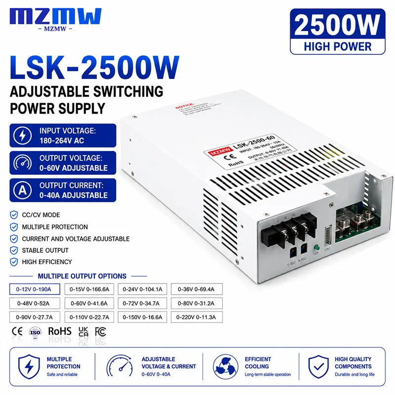MZMW 2500W Adjustable Switching Power Supply AC DC 0-12V/24V/36V/48V/60V/72V/80V/110V/150V/220V CC CV High Power Industrial SMPS