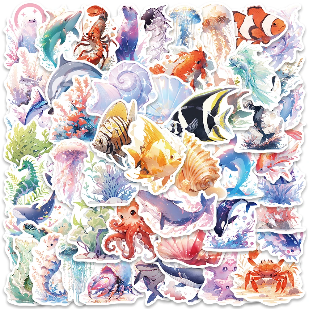 50/100pcs Cute Cartoon Marine Organism Stickers Sea Animals Vinyl Laptop Decals Luggage Guitar Phone Waterproof Graffiti