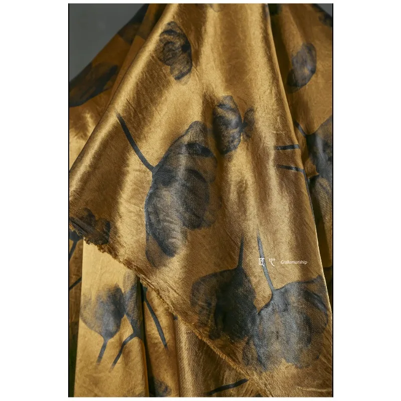 Heavy Gold Apricot Leaves 100% Acetate Silk Satin Cheongsam Skirt Shirt Clothing Designer Fabric