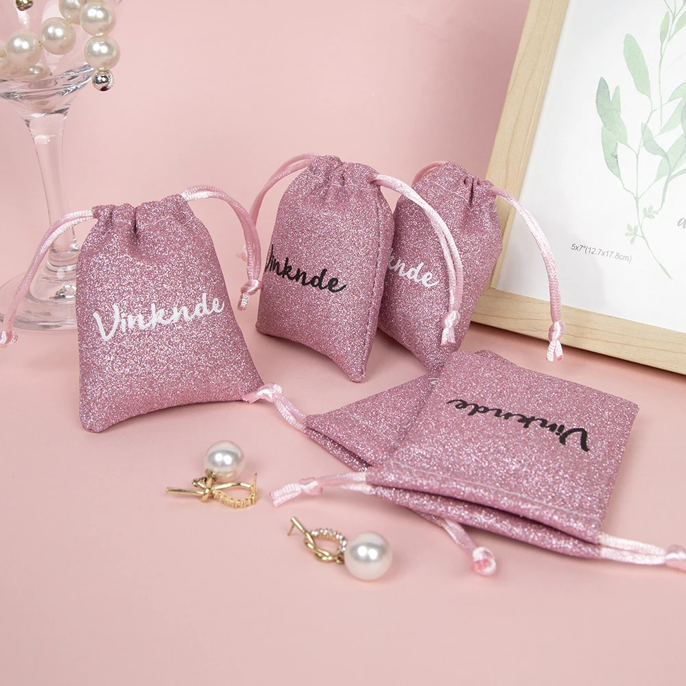 

Персонализированный логотип, розовая блестящая замшевая сумка для украшений на шнурке для дня рождения, рождественской вечеринки, подарочная сумка, свадебные сувениры для гостей