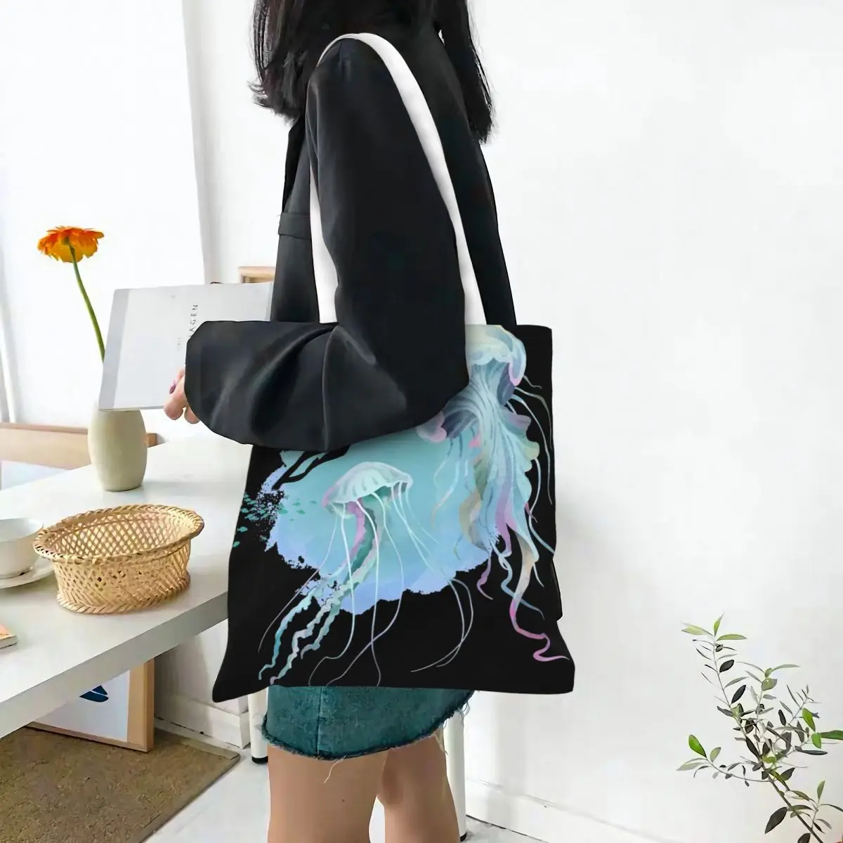 Sac fourre-tout en toile réutilisable pour plongeur sous-marin mystique, sac à provisions unisexe, rencontre de méduses, design unique