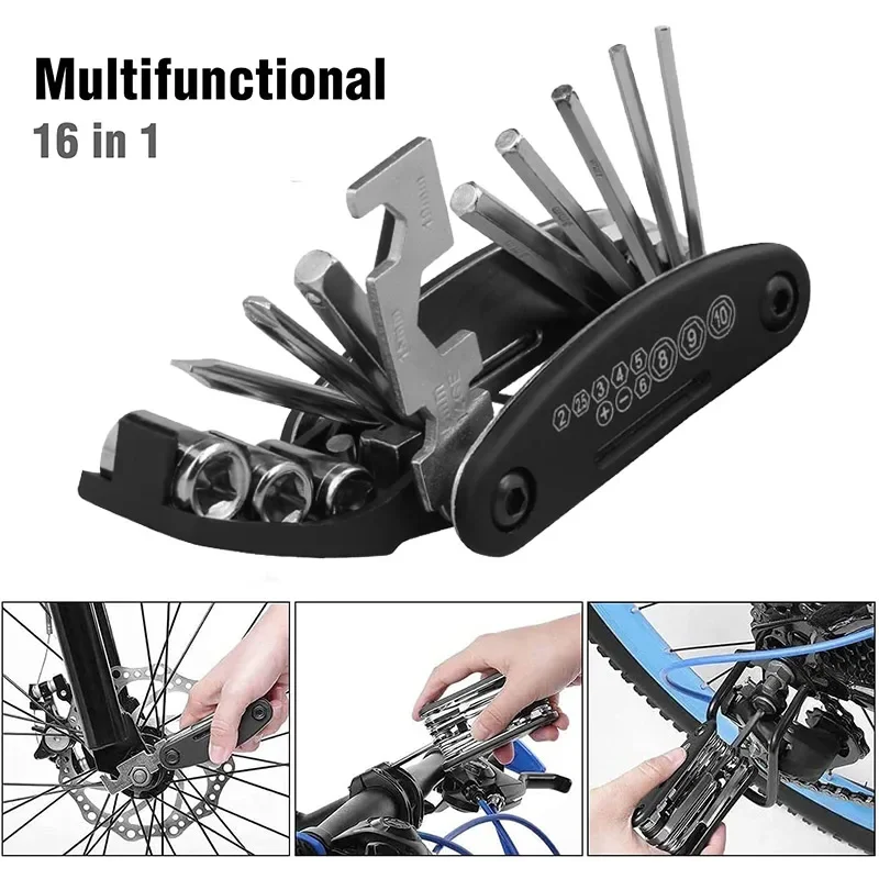 Kit di attrezzi per la riparazione della bici 16 in 1 Multitool per bicicletta con leve per pneumatici per bici chiave a raggi esagonali Set di strumenti di riparazione metrica pieghevole