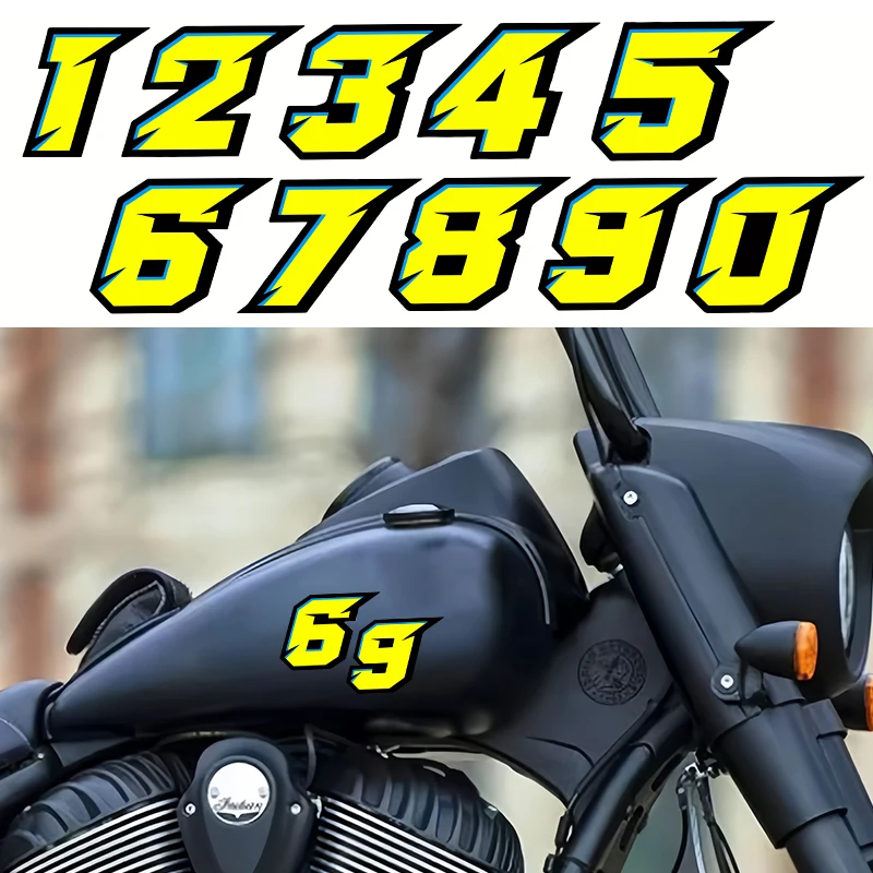 

1 шт. Водонепроницаемые виниловые наклейки с номерами 0-9 для мотоциклов: на обтекатель, шлем, крыло, передний топливный бак, задний кофр, самоклеящиеся