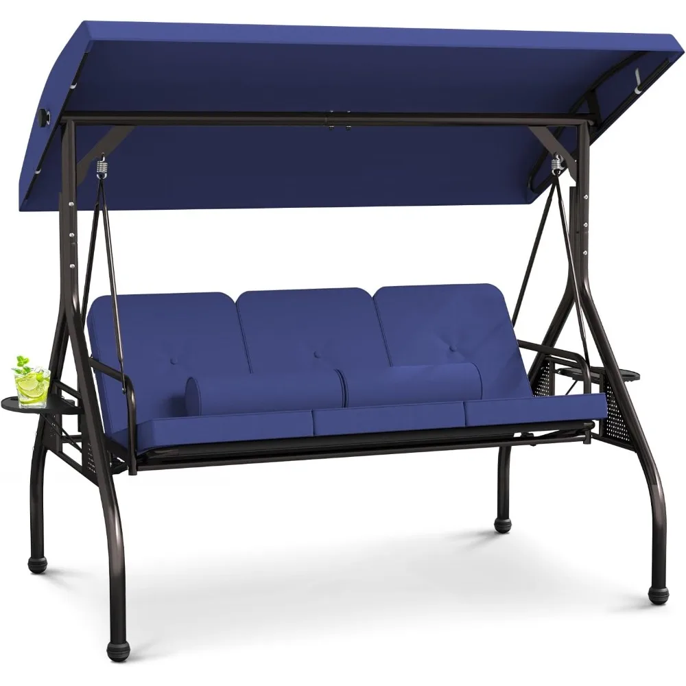 

3 Seat Outdoor Porch Swing Chair, Patio Adjustable Canopy Swing Bench, Convertible Backrest Swing Bed with Thicken Cushions, Pil