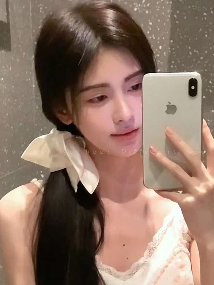 Ju Jingyi Inspired White Satin Hair Scrunchie for Women 2024 - High-end Korean style, trending accessory.