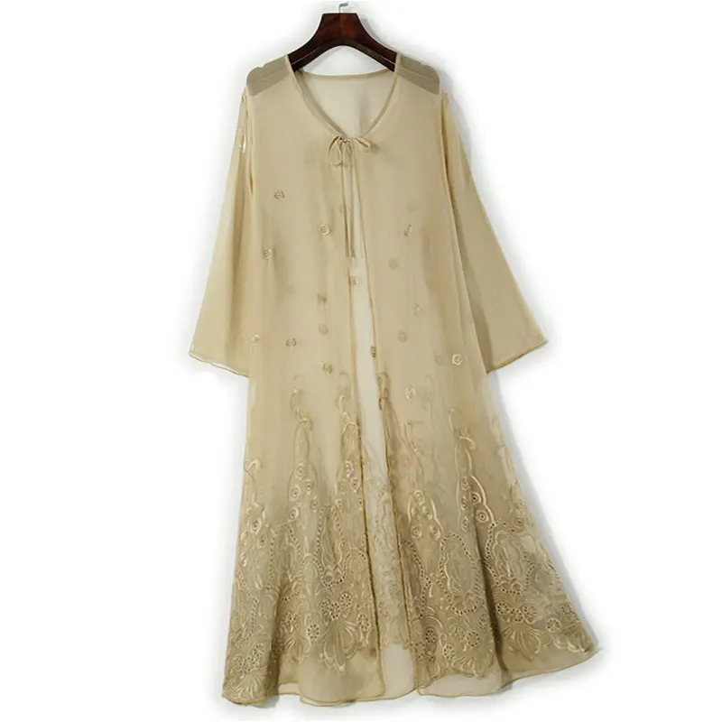 

Шелковая вышитая шило Верхняя одежда средней длины из натурального шелка Jaet Защита от солнца Универсальный кондиционер Женская мода