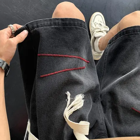 2025 पुरुषों के लिए नए धुले हुए कढ़ाई वाले सीधे पैर वाले डेनिम शॉर्ट्स Y2K विंटेज ड्रॉस्ट्रिंग बैगी जॉर्ट्स हाई स्ट्रीट फैशन शॉर्ट जीन 10 best sales काली जींस शॉर्ट्स - №10