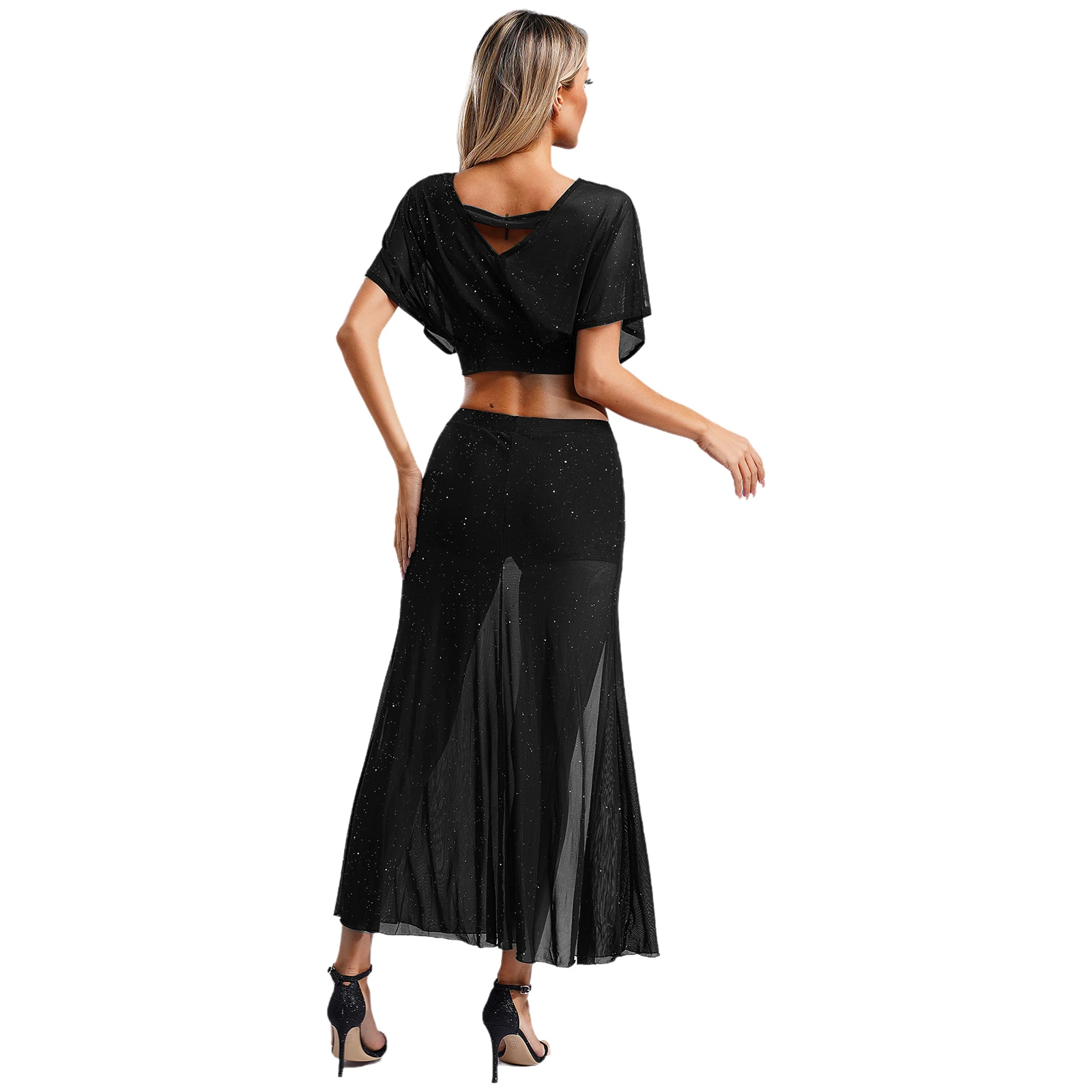 Volwassen Womens Lyric Moderne Jazz Buikdans Jurk Kostuum Glanzende Sheer Mesh Rok Danskleding Voor Muziek Show-Podium Avond Partywear