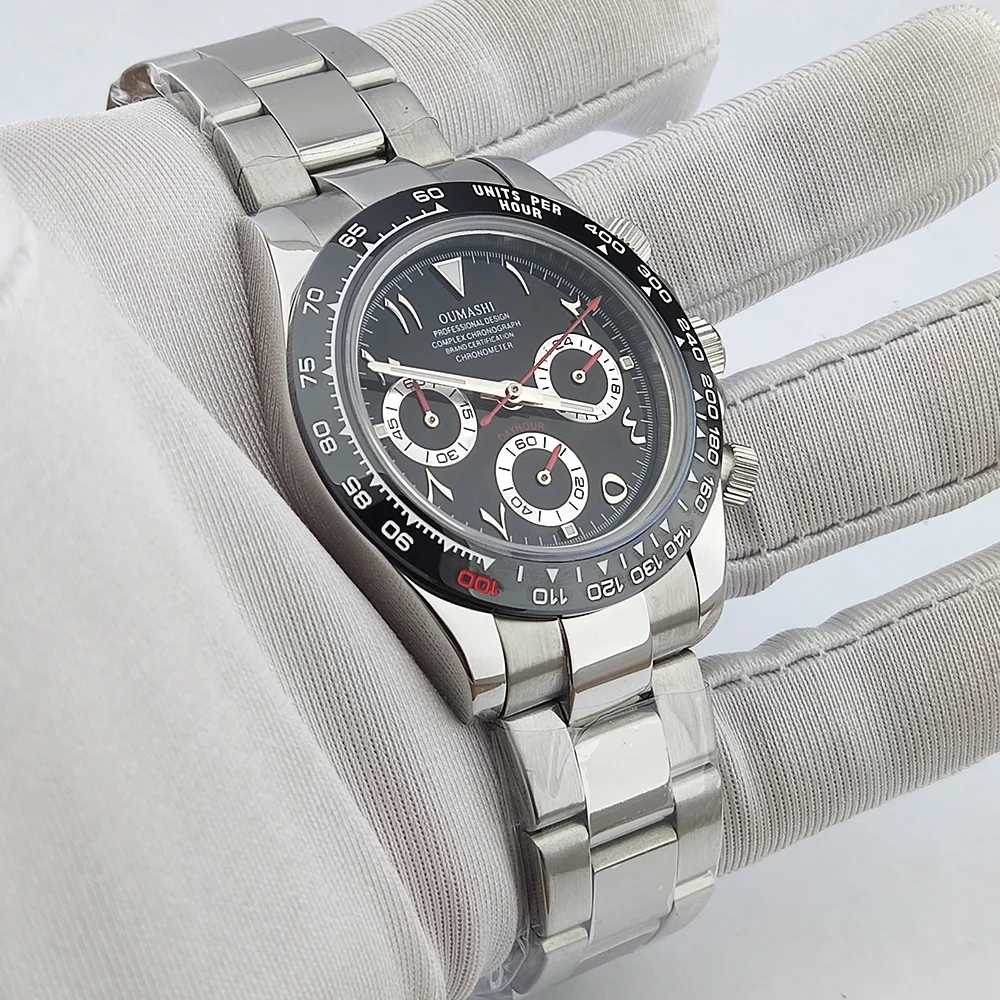 OUMASHI WATCH 39.3MM Casual Vk63 Quartz Movement Watch Men's waterproof steel case Arabian Dial Chronograph Luminous watch