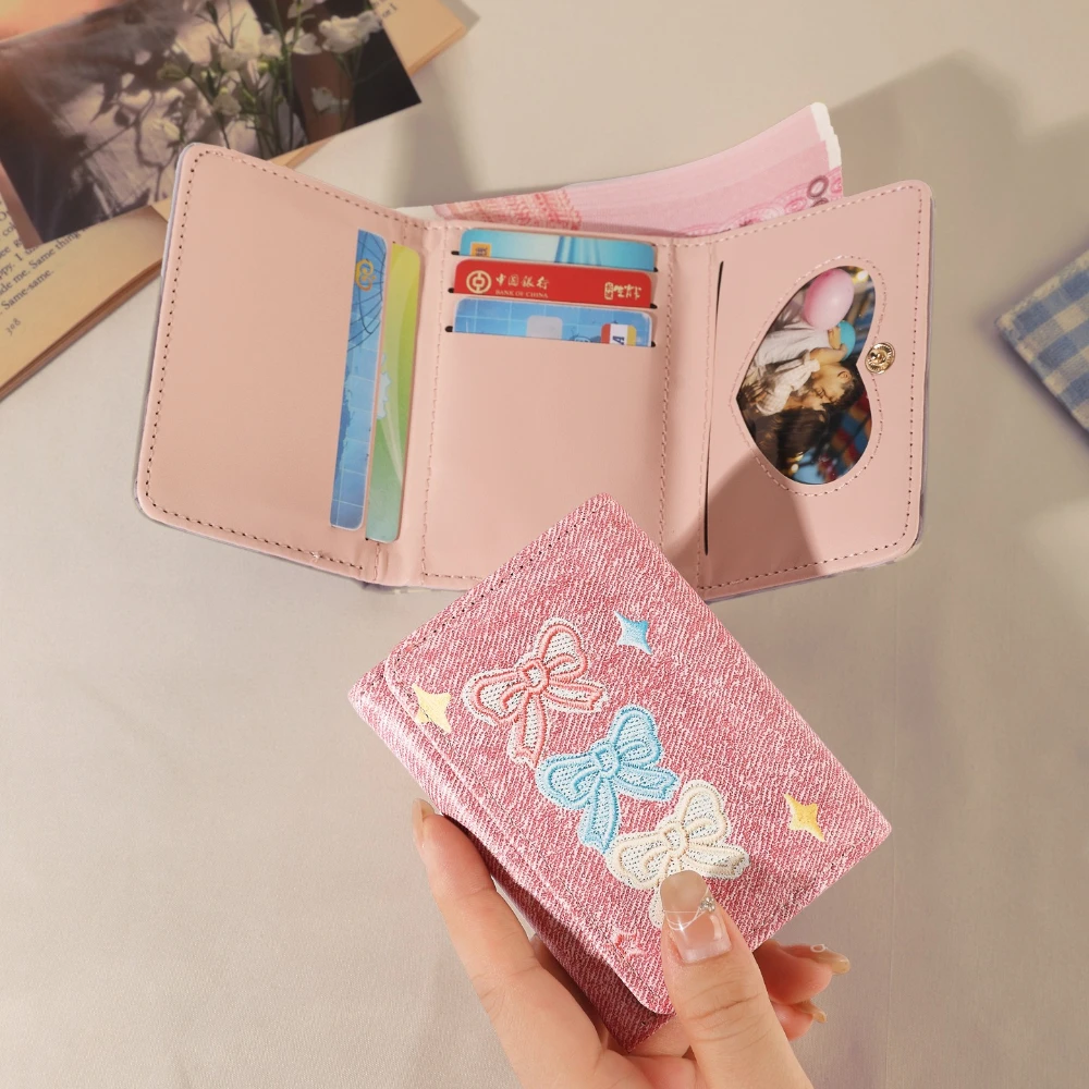 Fashion Wallets Girls Cute Bow Small Wallet Card Holder Fashion Three Fold Purse For Women Student Simple PU Leather Wallet