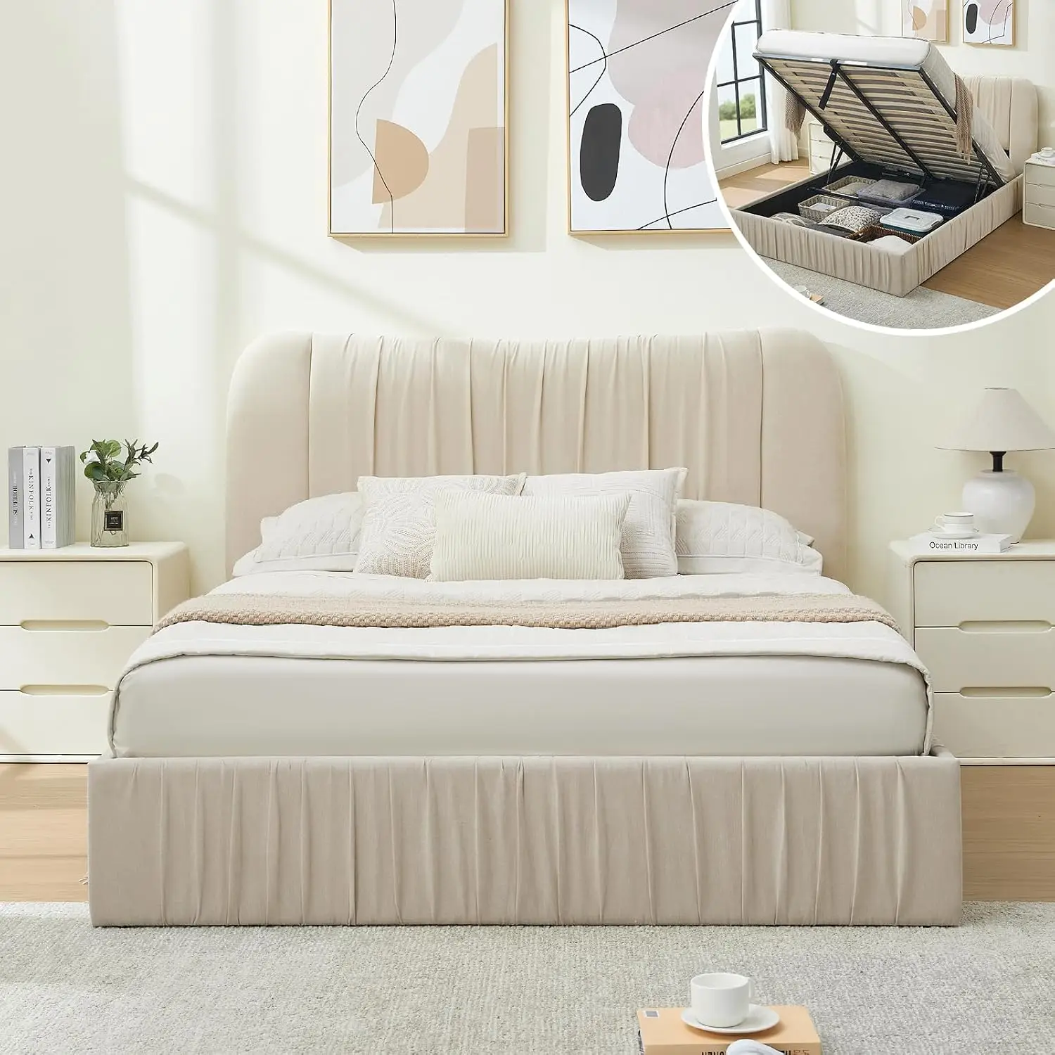 Upholstered Storage Bed Frame with Lift Up Mechanism, Pleated Headboard, Linen Fabric, No Box Spring, White, Customized