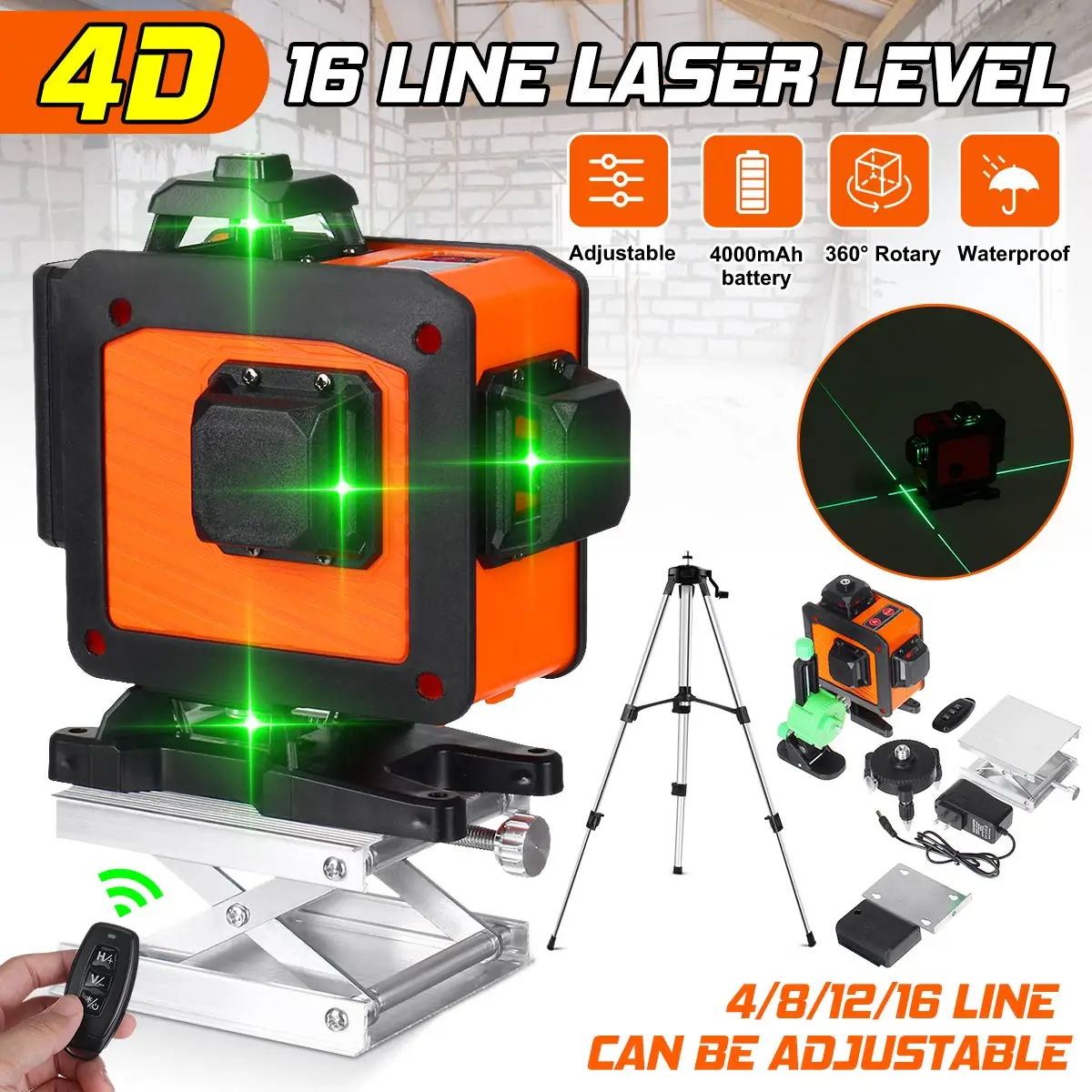 

16 Lines 4D Laser Level Self-Leveling 360 Horizontal And Vertical Cross Super Powerful Green Laser Beam Line With 1.2M Tripod