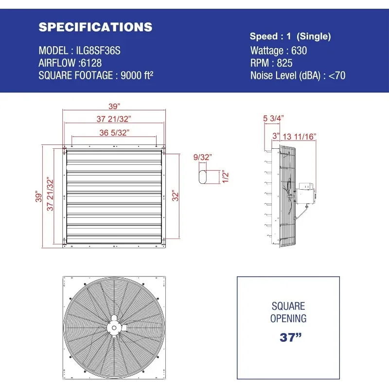 Iliving - 36 inch wandgemonteerde sluiter-afzuigventilator - automatische sluiter ventilator met enkele snelheid voor zolder thuis, schuur