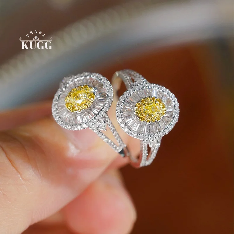 KUGG 100% 18K White Gold Rings Elegant Oval Shape 0.70carat Real Natural Yellow&White Diamond Ring for Women High Party Jewelry