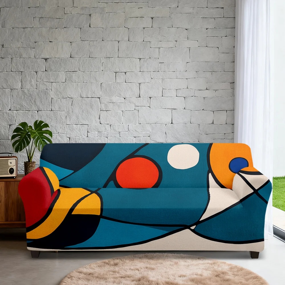 1pc Modern Abstract Geometric Mid Century Print Stretch Sofa Cover, Colorful Bauhaus Couch Slipcover for Contemporary Home Decor