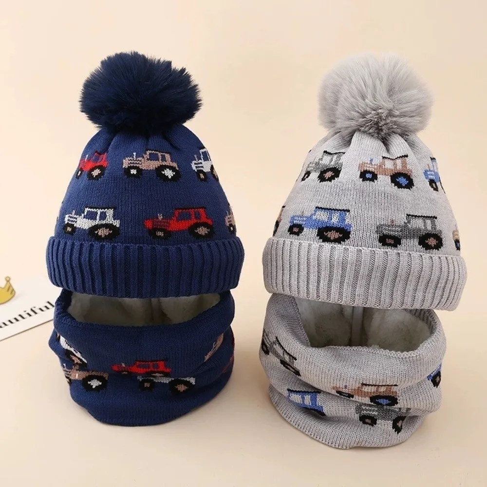 

Cute Car Pattern Kids Knit Hat Scarf Set Fleece Lining Ear Protection Knitted Cap Scarf Thickened Windproof Neck Warmer Kids