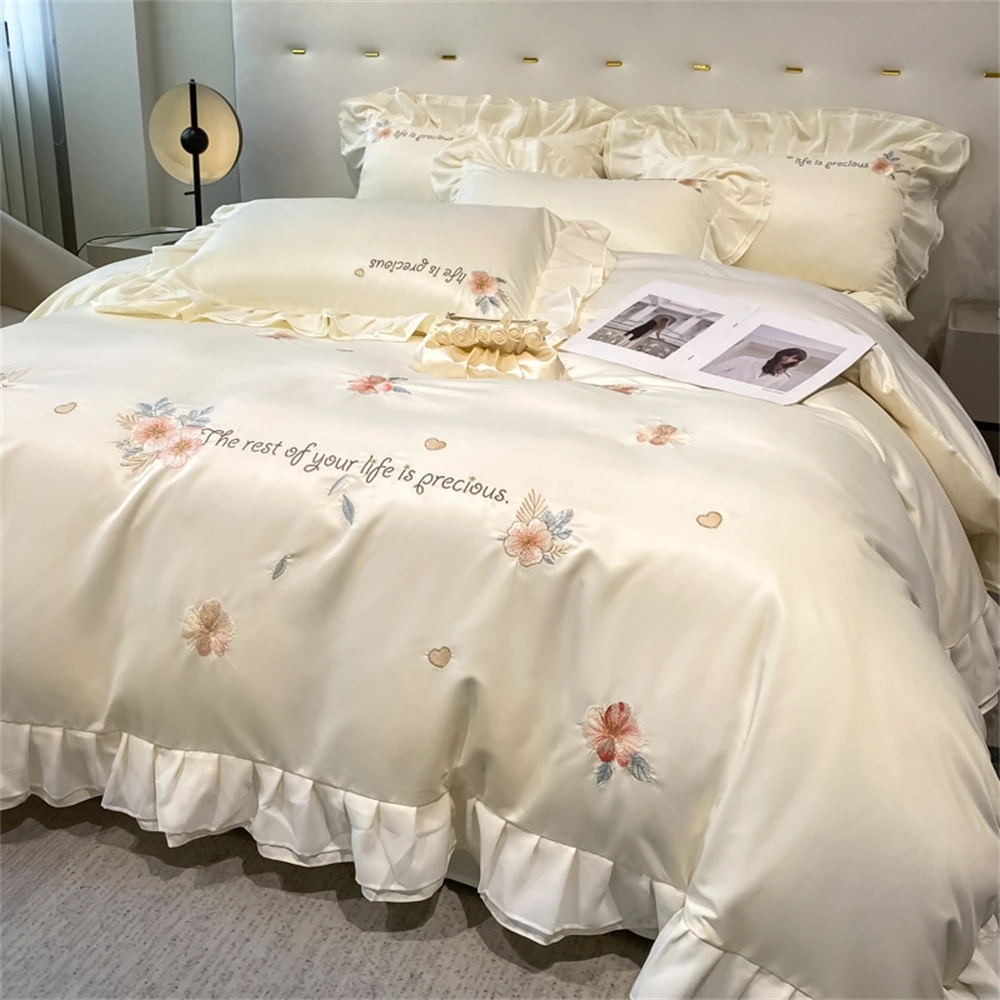 

Flower Embroidery Lace Ruffles Bedding Set Skin-friendly Washed Cotton Princess Style Wedding Duvet Cover Bed Sheet Pillowcases