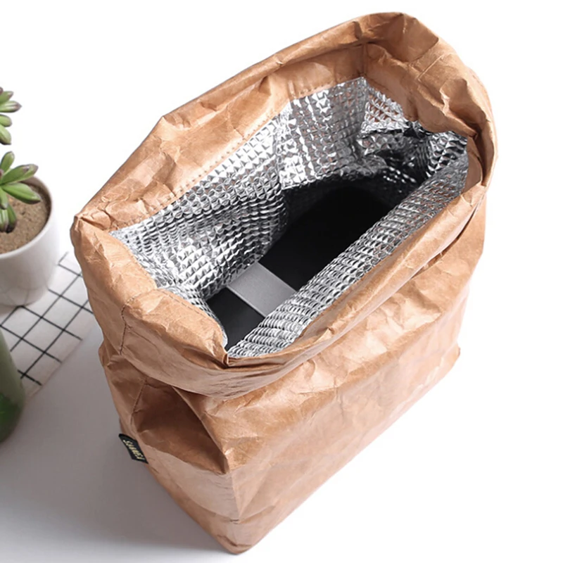 1PCS Brown Kraft Paper Lunch Bag Reusable Insulated Thermal Cooler Sack Magnetic Closure