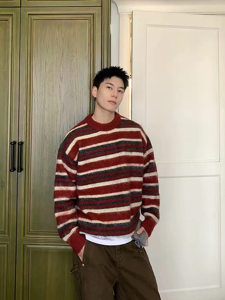 

Полосатый вязаный свитер для мужчин, корейский свободный винтажный лоскутный джемпер с длинными рукавами, весенний теплый универсальный трикотаж в консервативном стиле для мужчин