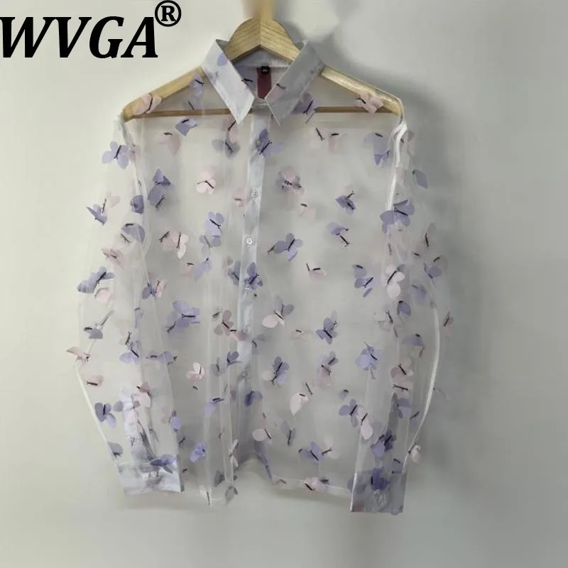 WVGA Men's Summer New Tide Printed See-through Mesh Trendy Long Sleeve Shirts Niche Chic Casual Turn-Down Collar Tops Ins W21960
