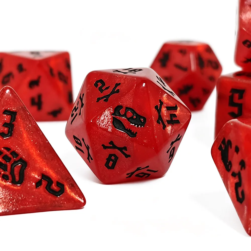 7Pcs Shimmer Bright Red Acrylic Polyhedral Dice Set, Black Engraved Dinosaur Skeleton & Footprint Rune Symbols, DND RPG MTG Game