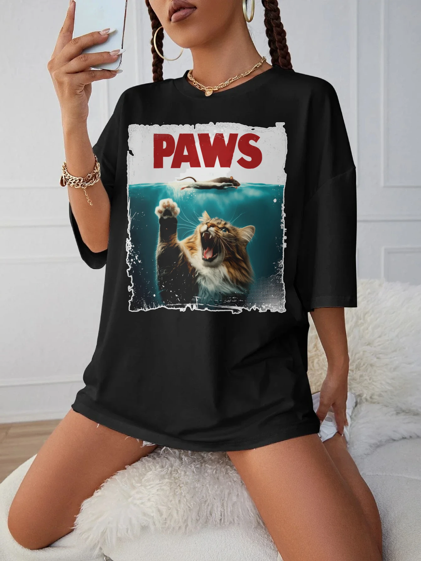 

PAWS FN Удобная черная футболка для женщин, свободная одежда для беременных с круглым вырезом для позднего беременства