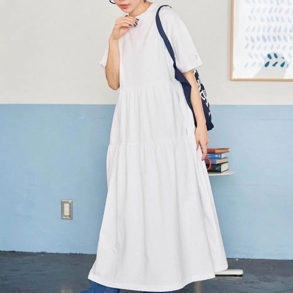 Casual Sle Long Cotton Dr Stitched Patterned Casual Slimming T-irt Dr Pure Cotton Spring Summer New Arrival