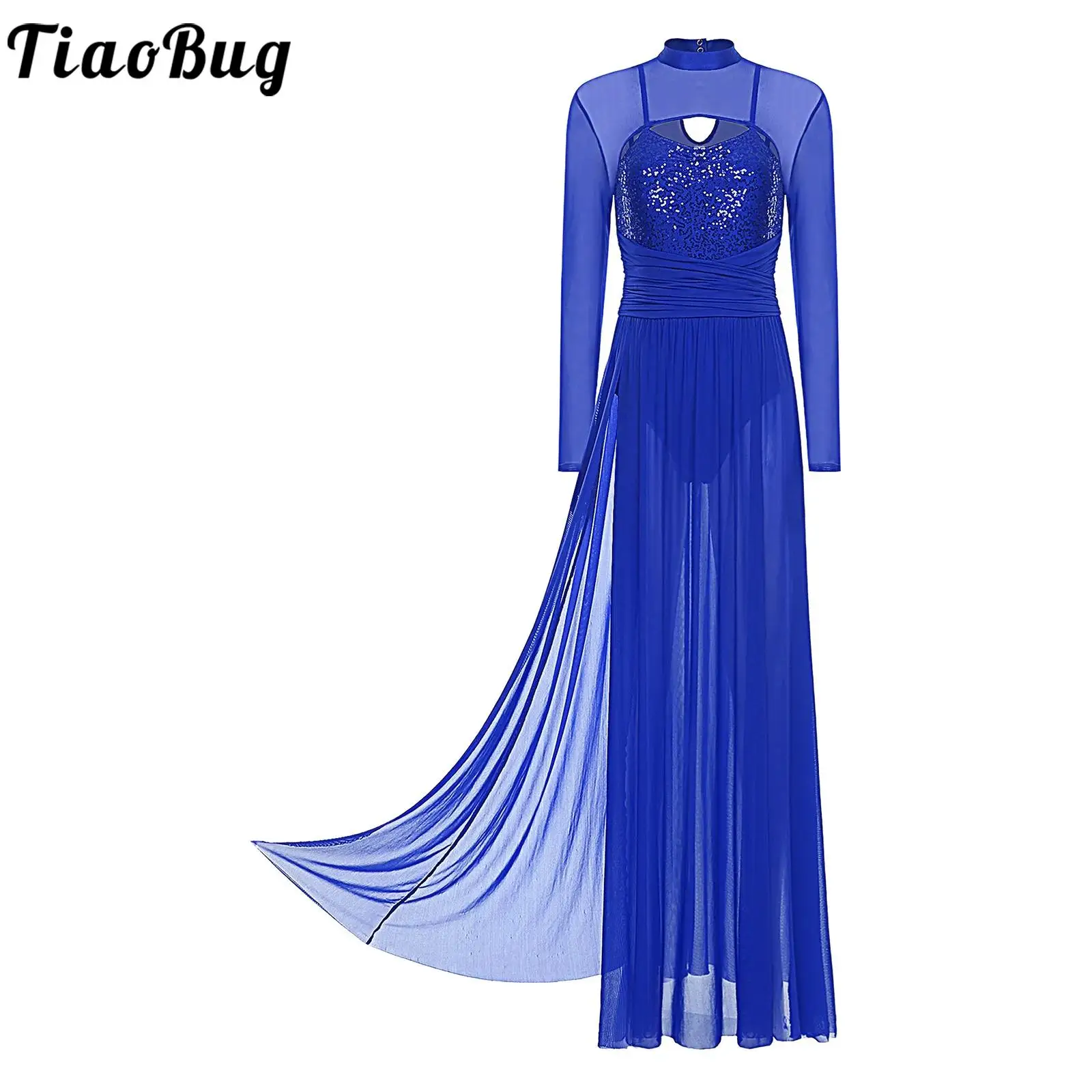 

Women Lyrical Dance Performance Costumes Sequin Long Sleeve Mesh Tulle Flowy Maxi Dress Leotards Modern Contemporary Dancewear