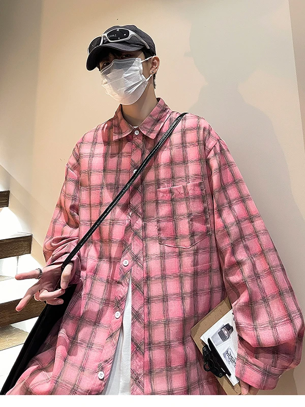 

Ретро-рубашка в американском стиле в клетку с длинным рукавом для мужчин, повседневная уличная одежда для подростков, свободный крой, полиэстер, для школы и активного отдыха