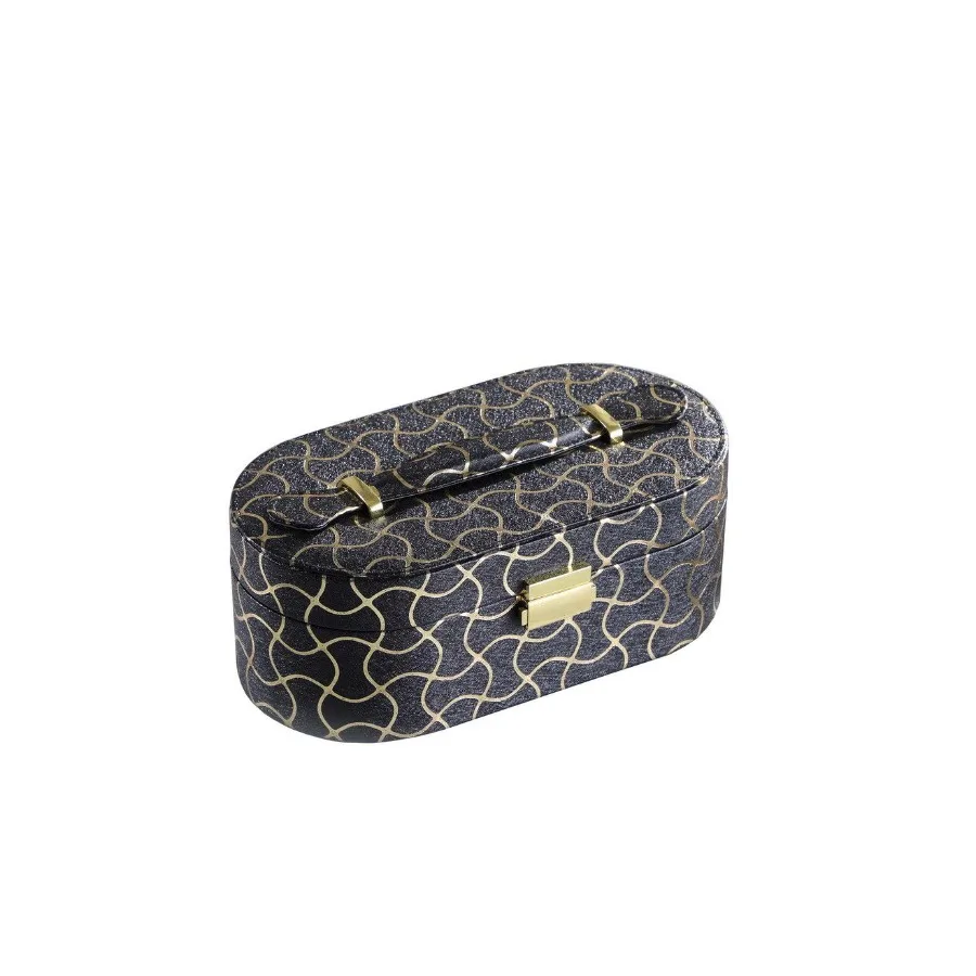 

9.5 Long Leather Jewelry Organizer Case with Mirror Gold Swirl Pattern Black