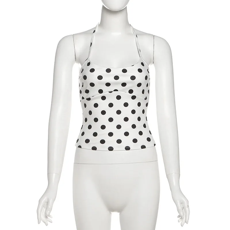 2025 신상 니버 물방울 무늬 프린트 여성 홀터넥 로우넥 베스트 슬림핏 패션 스윗 스트릿웨어 슈트